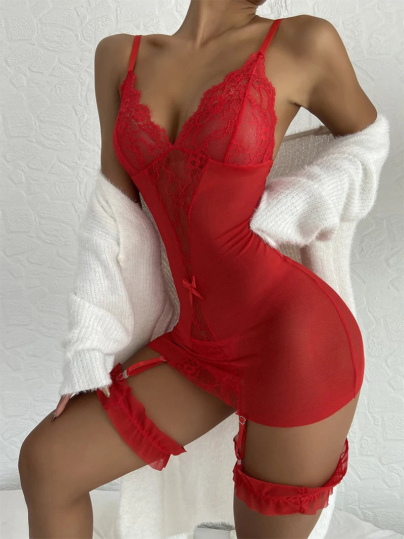 Erotic Lingerie For Women Deep V Pijama Lace Transparent Pajama Sets Sexy Costumes Crotchless Sleepwear Female Teddy Pajamas Set Aviola