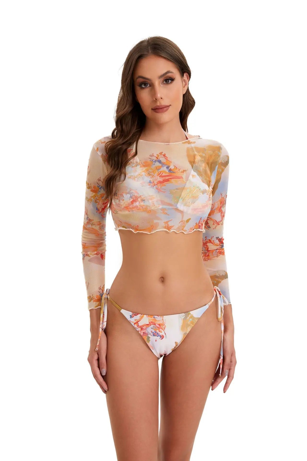 2025 New Sexy Bikini Three-piece Set Women Thong Print Swimsuit Low Waist Summer Mesh Blouse Swimming Pool Bikini Set Brazil Set Aviola