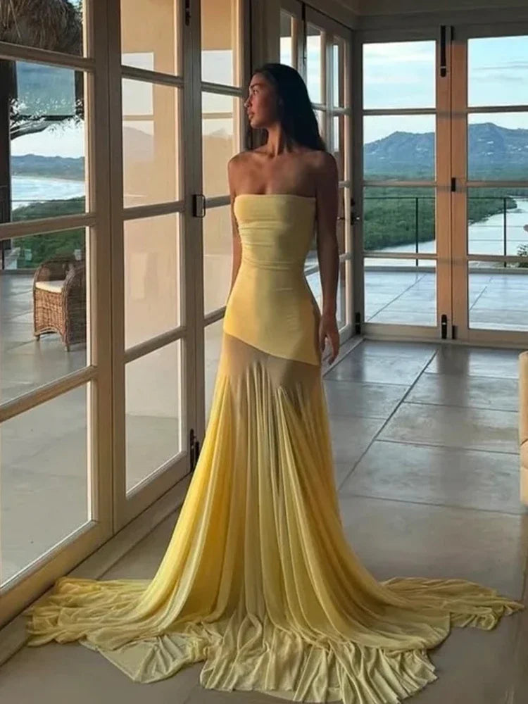 Nibber Patchwork Dress Women See Through Temperament Solid Pleated Strapless Sleeveless Backless Slim Banquet Party Vestidos Aviola