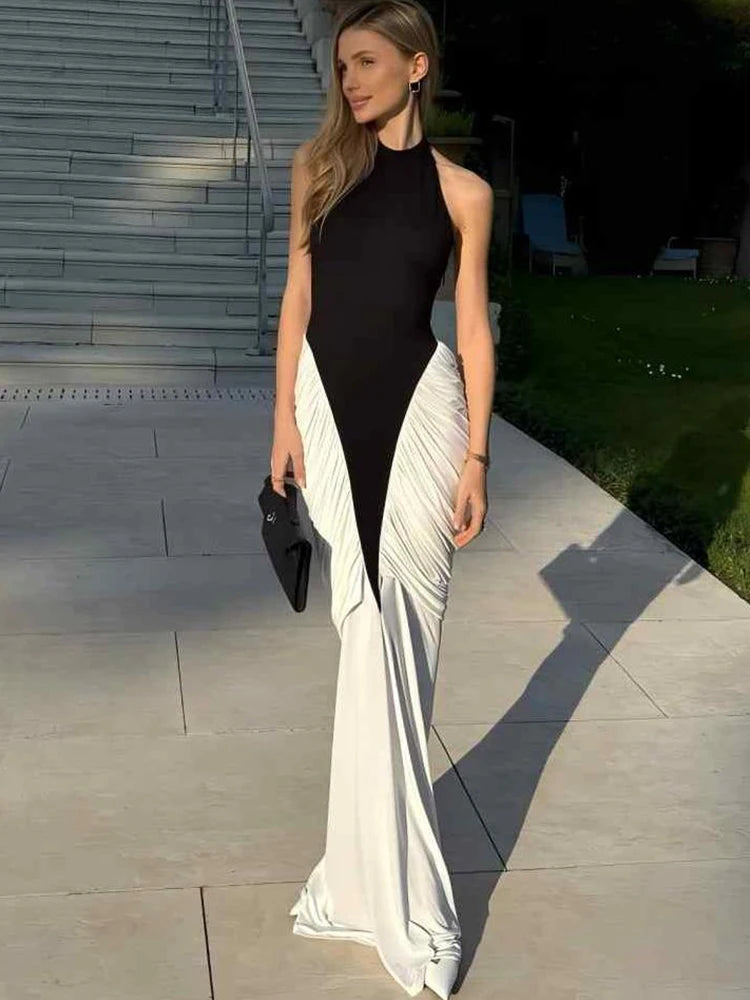 Nibber Backless Folds Maxi Dress Women Black White Patchwork Peach Butt Halter Slit Summer Trend Temperament Clubwear Vestidos Aviola