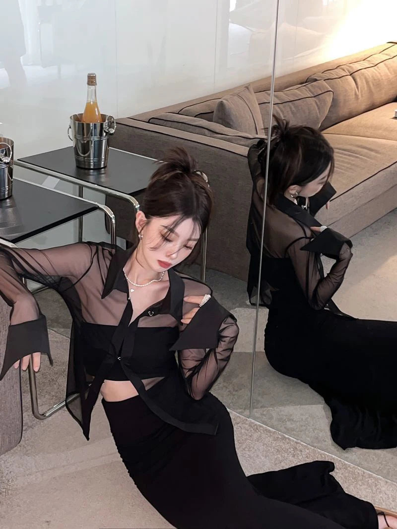 MEXZT Y2K Mesh Sheer Shirts Women Sexy Black See Through Blouses Summer Korean Fashion Aesthetic Long Sleeve Slim Chic Tops New Aviola