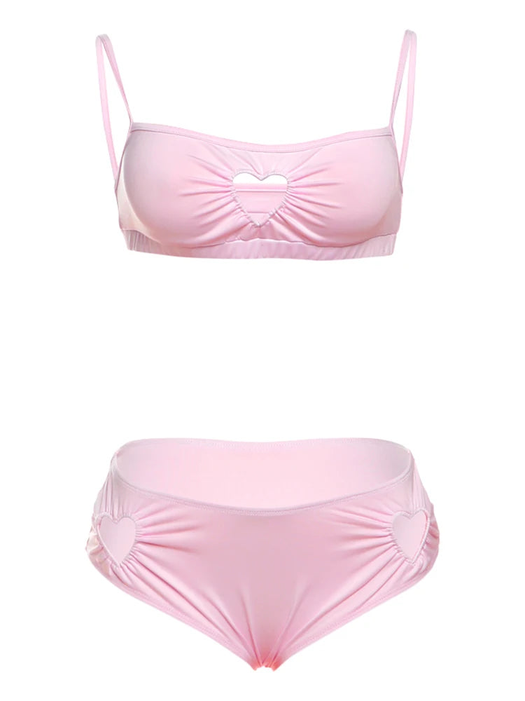 Nibber Sexy Heart Hollow 2 Piece Set Women Simple Vacation Camisole+Panties Beach Style Matching Stretch Street Comfortable Suit Aviola