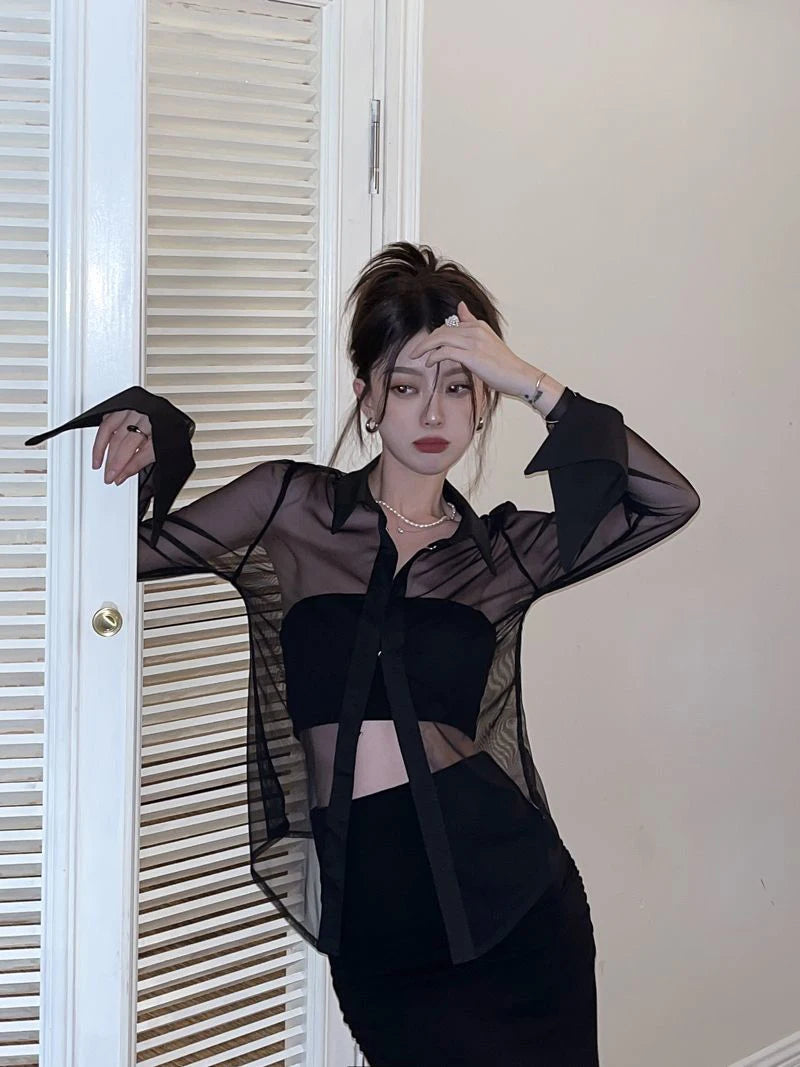 MEXZT Y2K Mesh Sheer Shirts Women Sexy Black See Through Blouses Summer Korean Fashion Aesthetic Long Sleeve Slim Chic Tops New Aviola