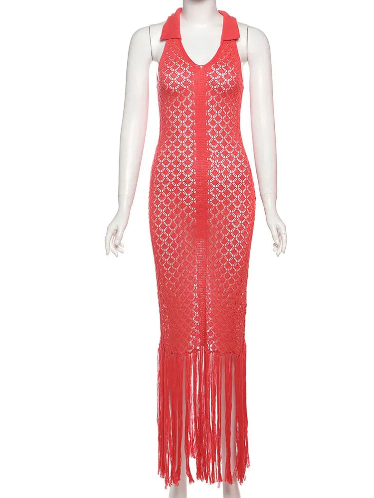 Nibber Tassel Mesh Patchwork Dress Women Solid See Through Sexy Sheath Y2K Casual Summer Trend Midnight Clubwear Party Vestidos Aviola
