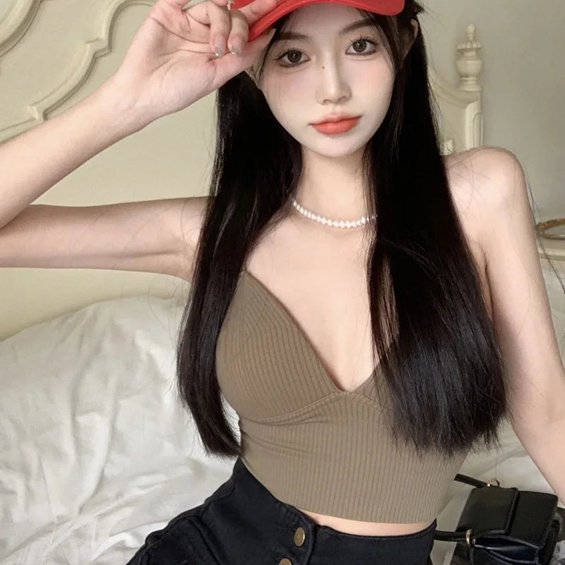 Women Tank Top With Built In Bras Fixed Cup Anti Glare Streetwear Crop Tops Female Seamless Underwear Padded Camisole Summer Aviola