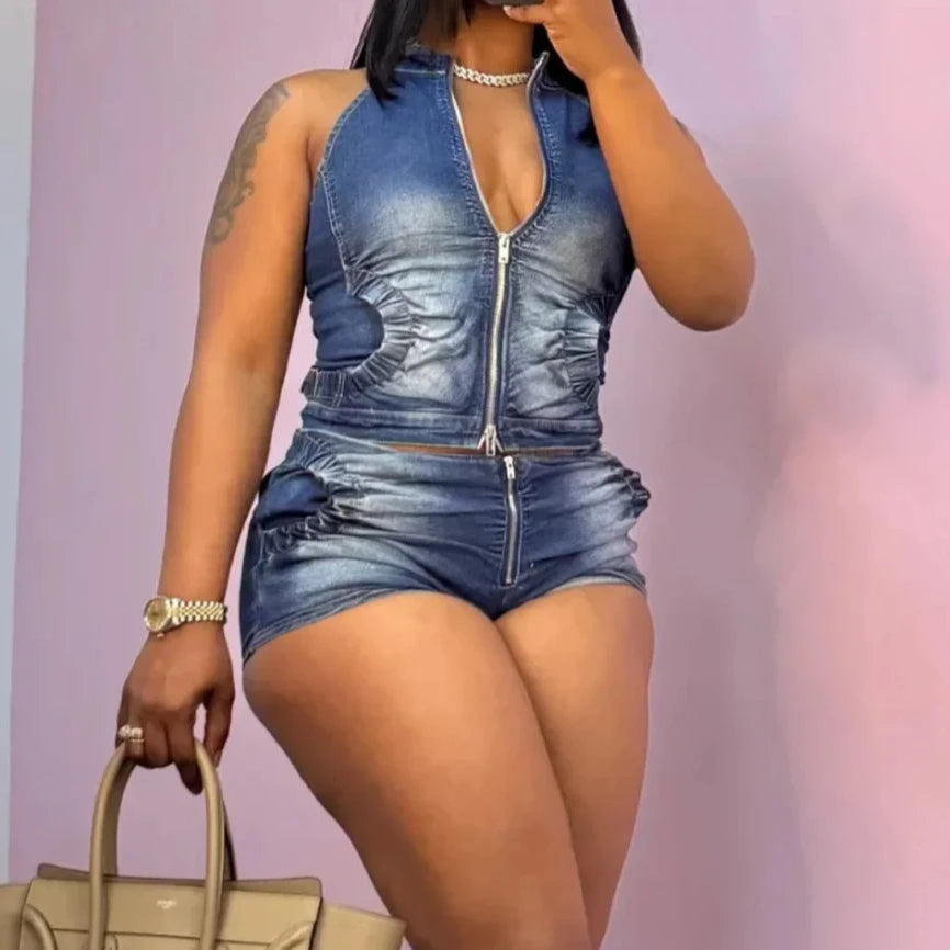 Denim Shorts Women Suit 2 Piece Sets Sexy Vest Top Sleeveless Matching Sets Zipper Fly Jeans Short Pants Outfits Streetwear 2025 Aviola