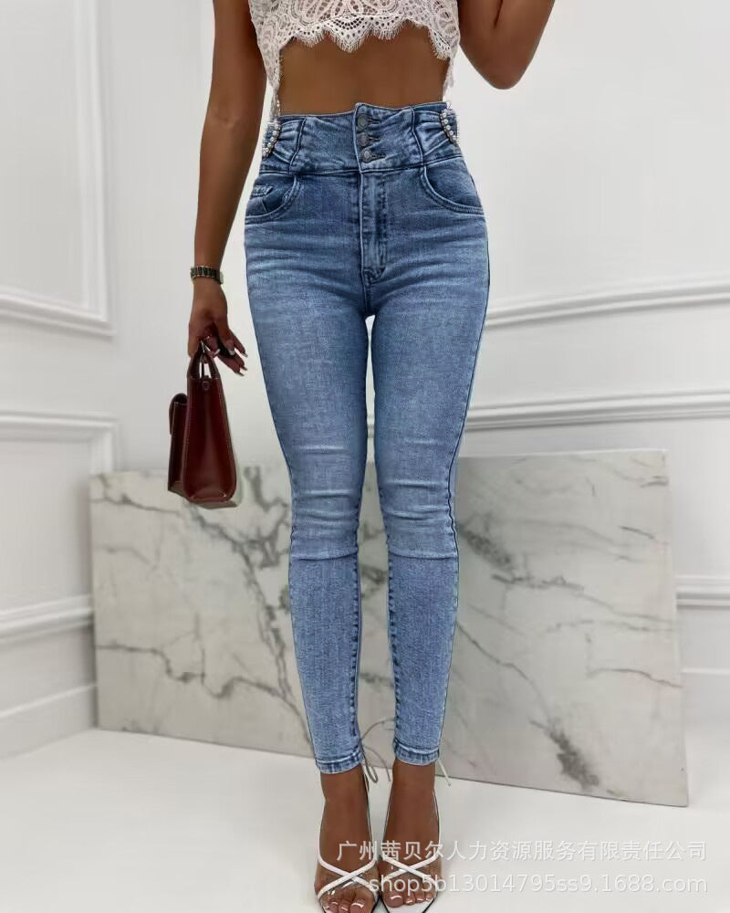New Women Jeans Elastic Pencil Trousers High Waist Ladies Tight Clothing Slim Fit Casual Skinny Denim Office Lady Pants Elegant Aviola