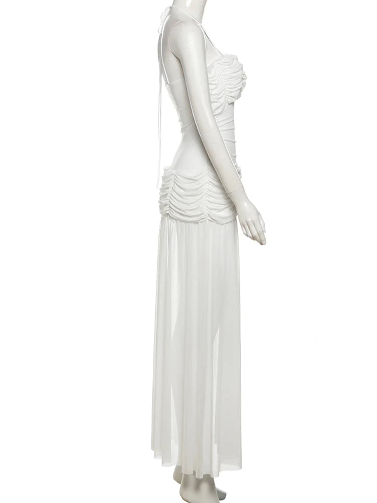 Nibber Patchwork Mesh Maxi Dress Women High Slits Folds Halter Bandage Backless Sleeveless Elegant Temperament Banquet Vestidos Aviola