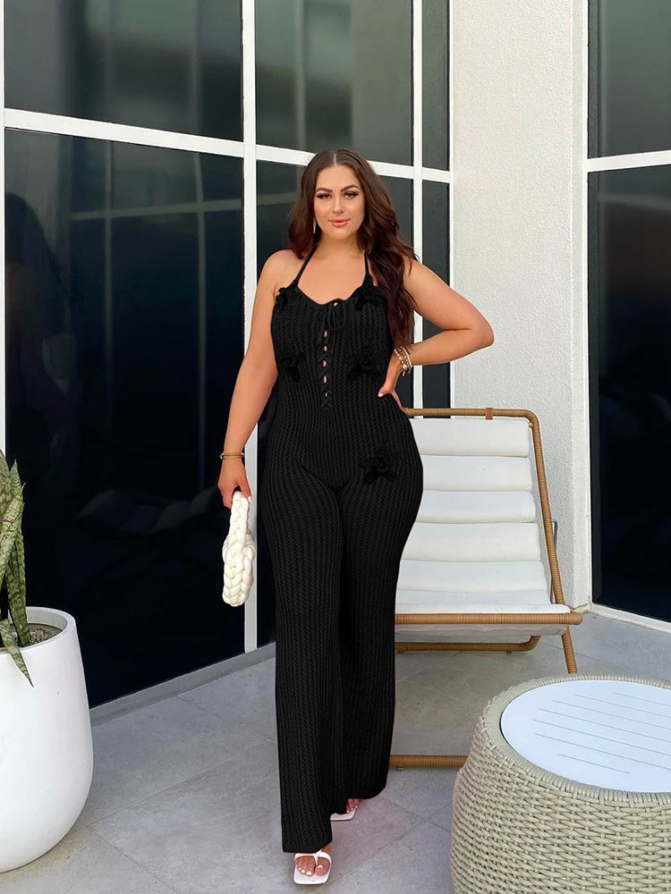 Nibber Knitted Lace-Up Jumpsuit Women Backless Halter Flower Applique Sleeveless 2025 Summer Vacation Trend Classic Overalls Aviola