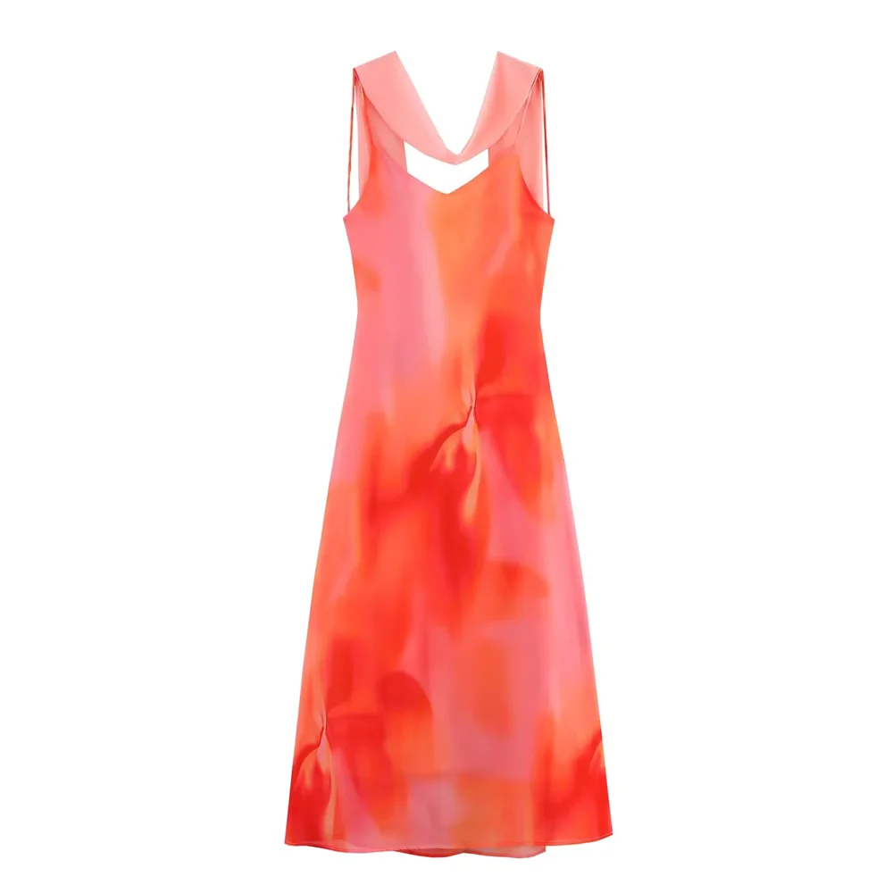 BM&MD&ZA2025backless design printed thin scarf decorated long skirt sexy temperament beach style dress summer women's clothing Aviola