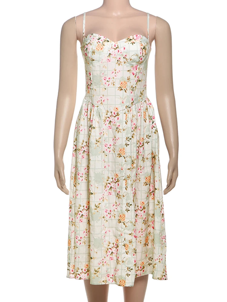 Nibber Backless Flower Print Dress Women Summer Trend Square Collar Sleeveless Sweet Style Vacation Beach Party Long Bodycon Aviola