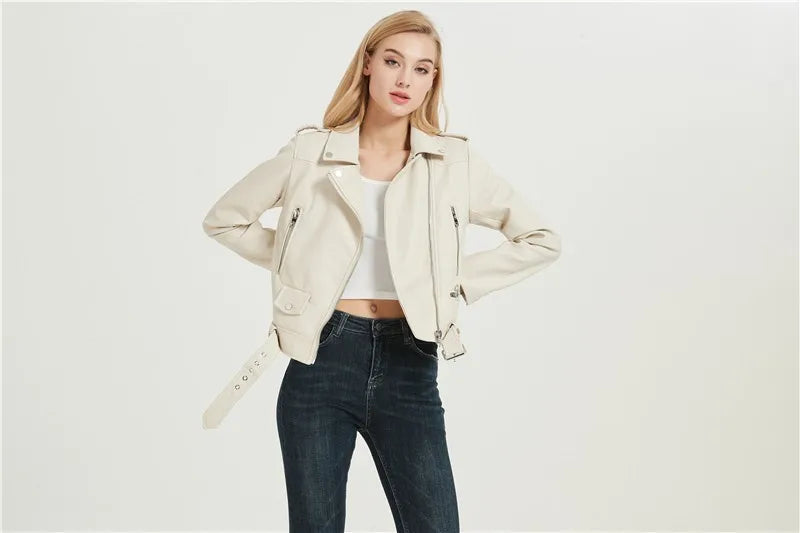 RARF Spring and Autumn 2025 New faux leather PU jacket with belt women's lapel motorcycle jacket black zip biker jacket Aviola