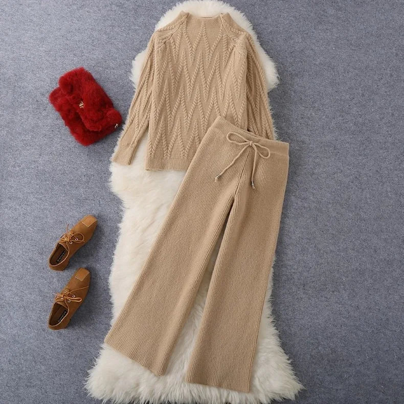 Women Tracksuit Thick Sweater Autumn Winter Knitted Two Piece Set Top+Knitted wide leg Pant Warm Sweater Elastic Trousers Suits Aviola