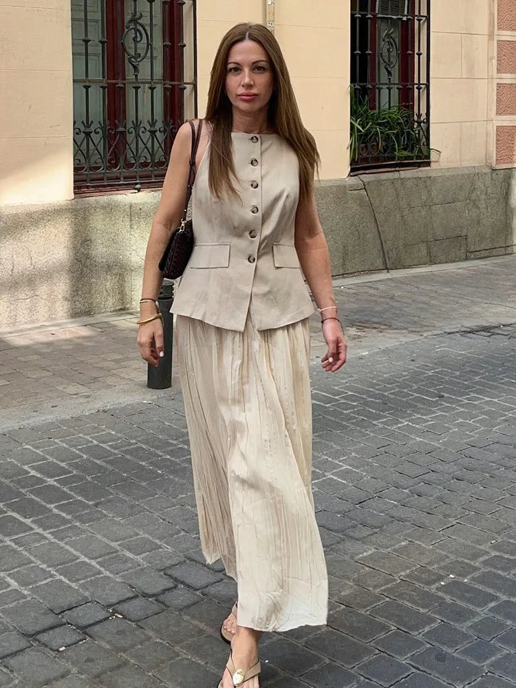 UNIZERA 2025 Summer New Arrivals Women's Wear Single-Breasted Small Pleated Skirt Midi Vest Splicing Dress Aviola