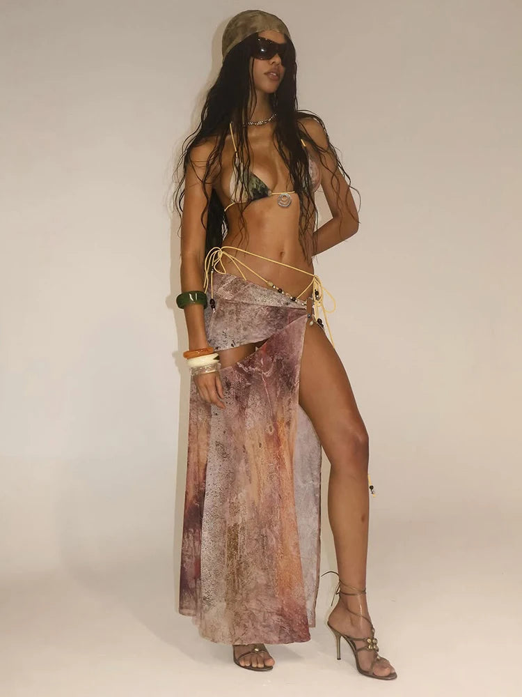 Nibber Lace-Up Women 3-Piece Set Sexy Mini Metal Ring Bra+Sexy Short+Hollow Side Slit Bead See Through Skirts Beach Party Bikini Aviola