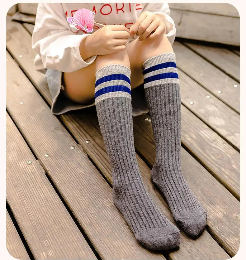 6 Pairs Students Stockings Stripe Pattern Children Sports Socks Solid Color Breathable Knee Stockings for 7-9 Years Old Aviola