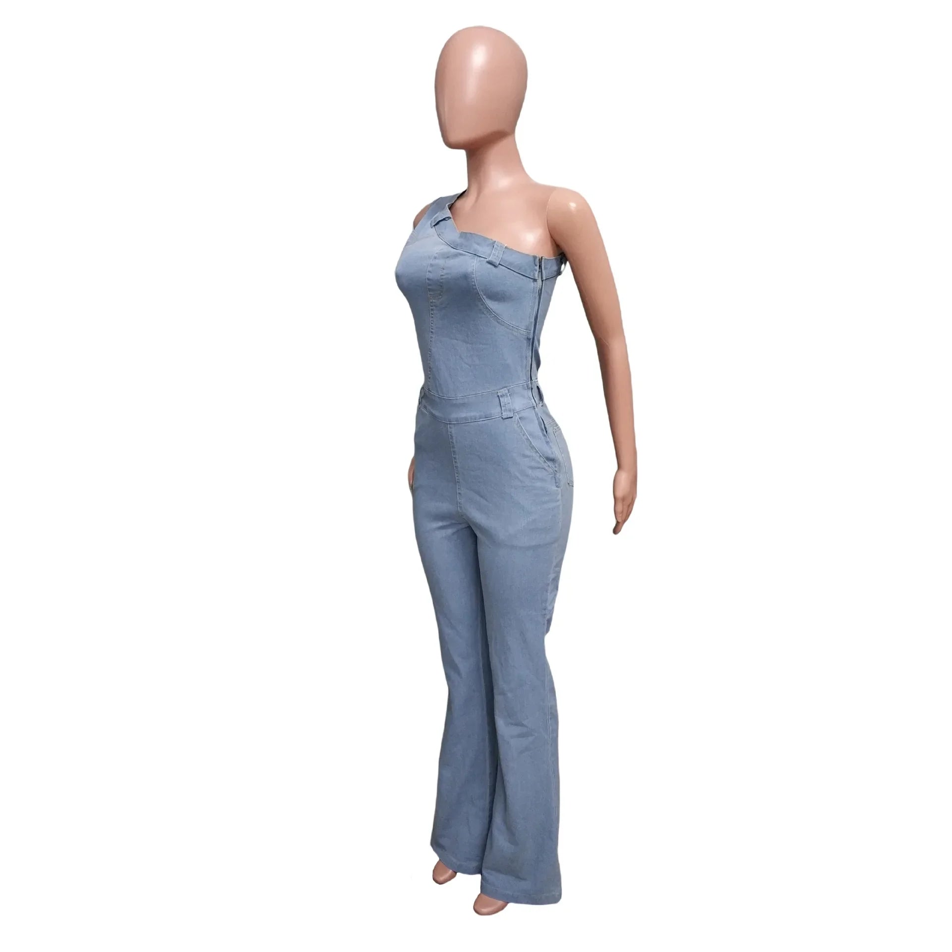 Flare Denim Pants Full Length Women Jeans One Piece Overalls Spliced Solid Jumpsuits Loose Pockets High Waist Basics Washed Aviola