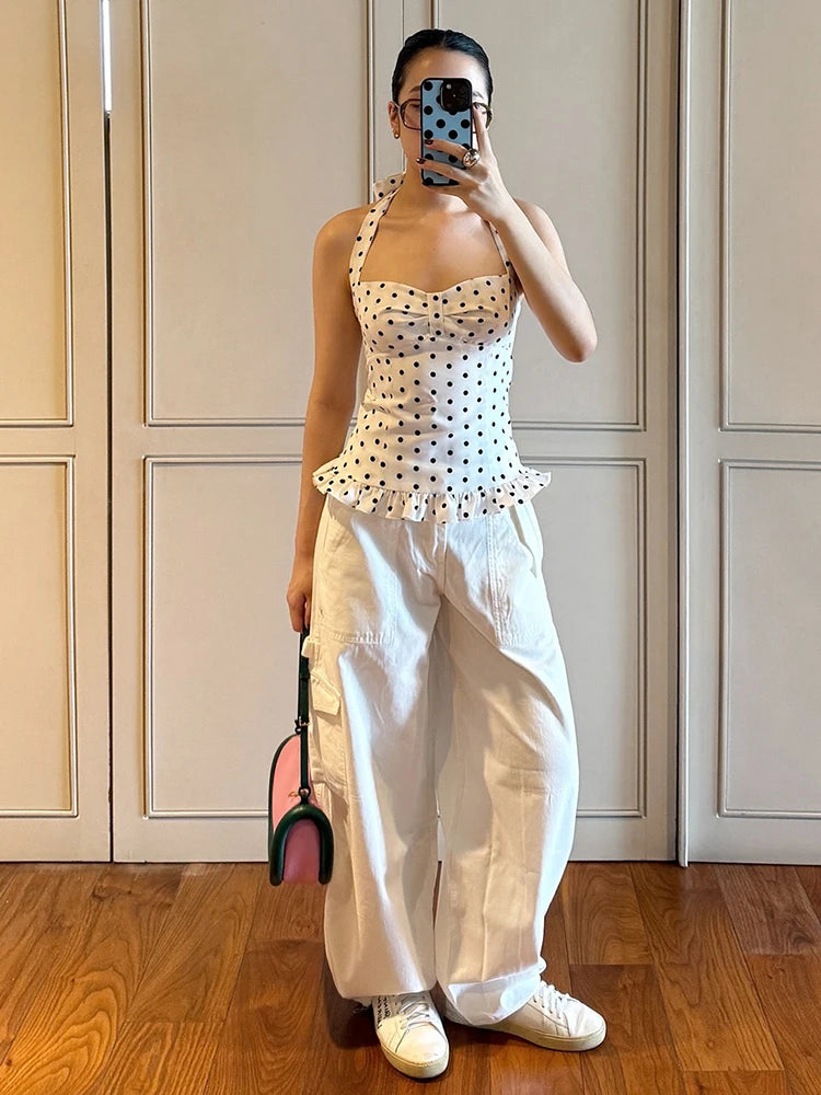 Nibber Polka Dot Print Tops Women Halter Low-Neck Bandage Ruffles Backless Sleeveless Skinny Fashion Street Versatile Vest Aviola