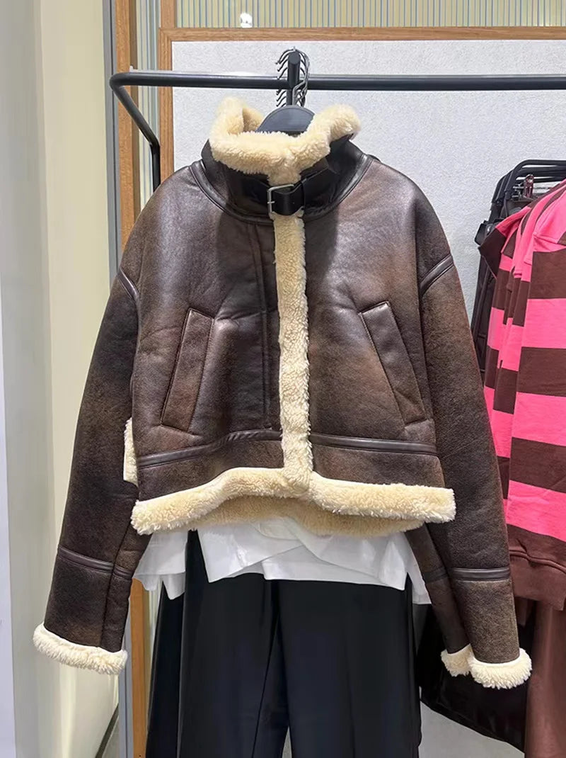 RARF 2025 New Autumn Winter Women Faux Lamb Fur Short Jacket Vintage Female Moto Biker Zipper Thick Warm Coat Fleece Outwear Aviola