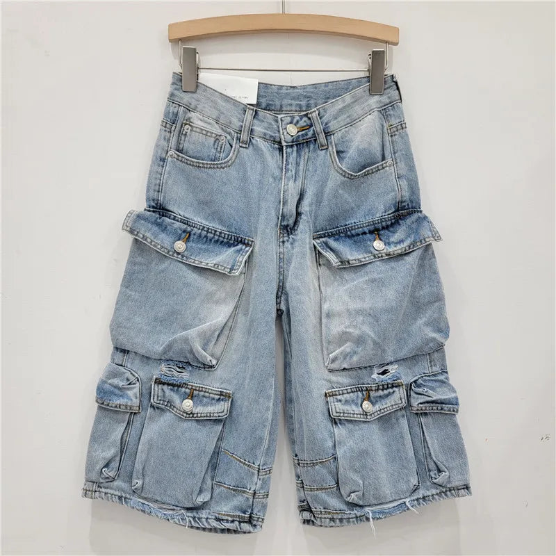 Denim Pant Women Mom Jeans Calf Length Pants Pockets High Waist Straight Trousers Y2k Streetwear Club Splice Casual Loose 2025 Aviola