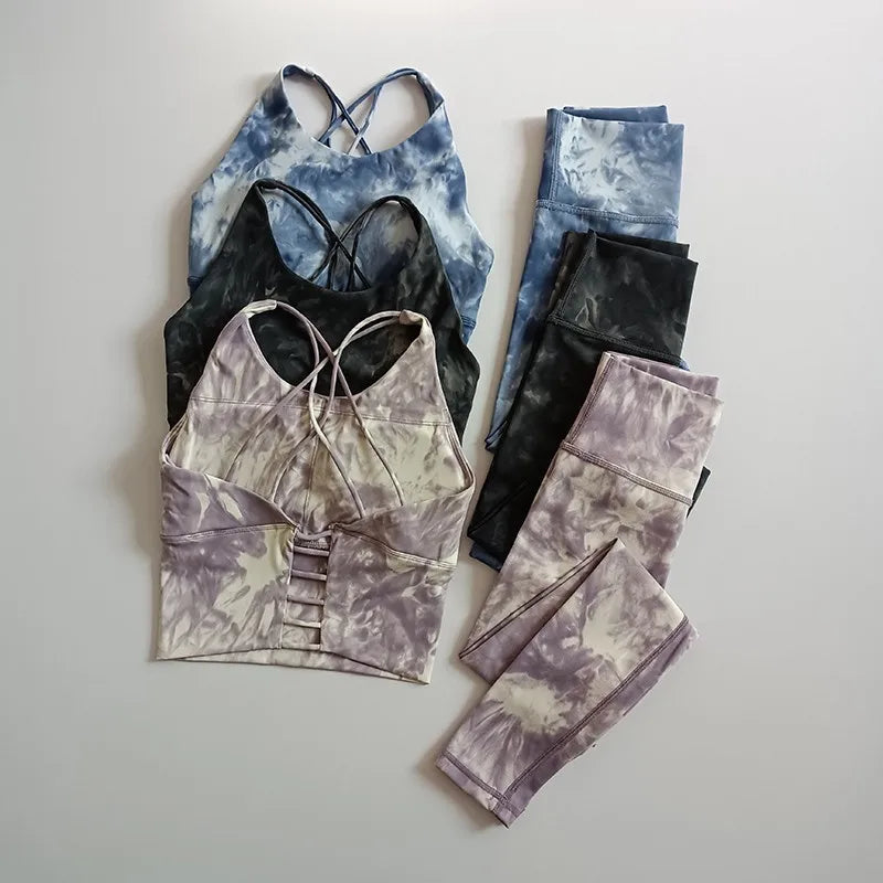 2PCS Seamless Women Yoga Set Workout Sportswear Fitness Crop Top Tie Dye High Waist Leggings Gym Clothing Two Piece Sports Suits Aviola
