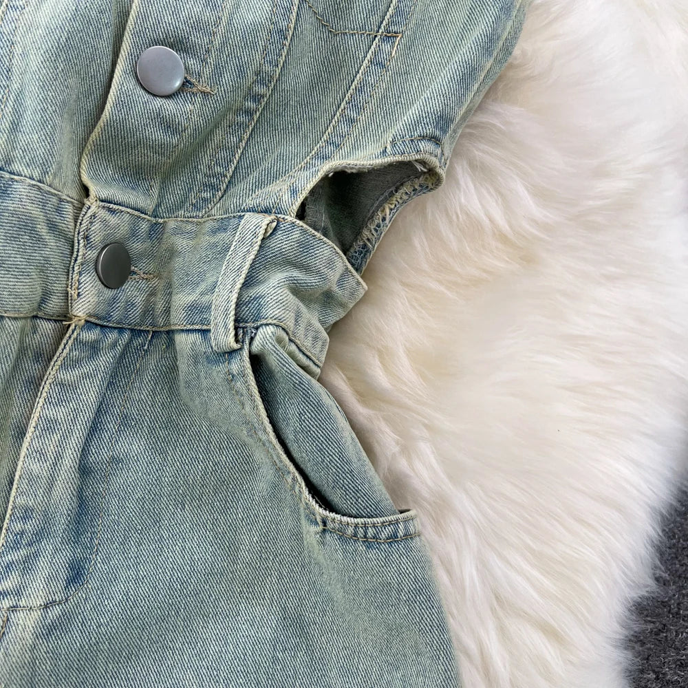 Denim Jumpsuits Women Hole One Piece Wide Leg Pants Sleeveless Strapless Distressed Mom Pockets Jeans Streetwear Summer 2025 Aviola