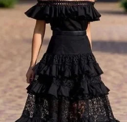 Black Long Dress Elegant One-Shoulder Solid Ruffle Long Evening Dress Summer Elegant Sleeveless Lace Hollow Party Sexy Dress Aviola