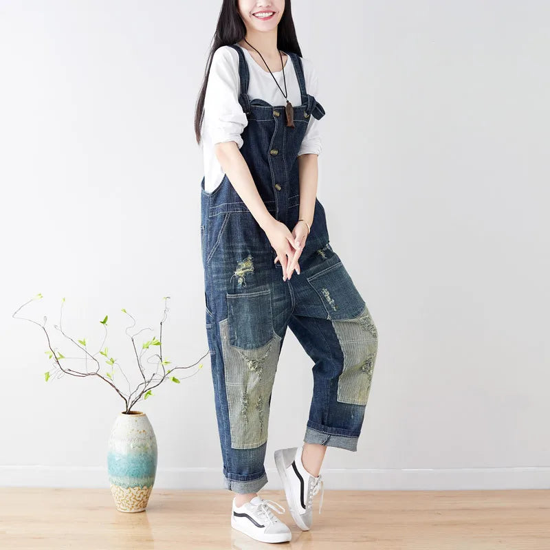 Women Jean Ripped Hole Overalls Ankle Length Denim Pants One Piece Distressed Jeans High Street Spliced Loose Washed Vintage Aviola