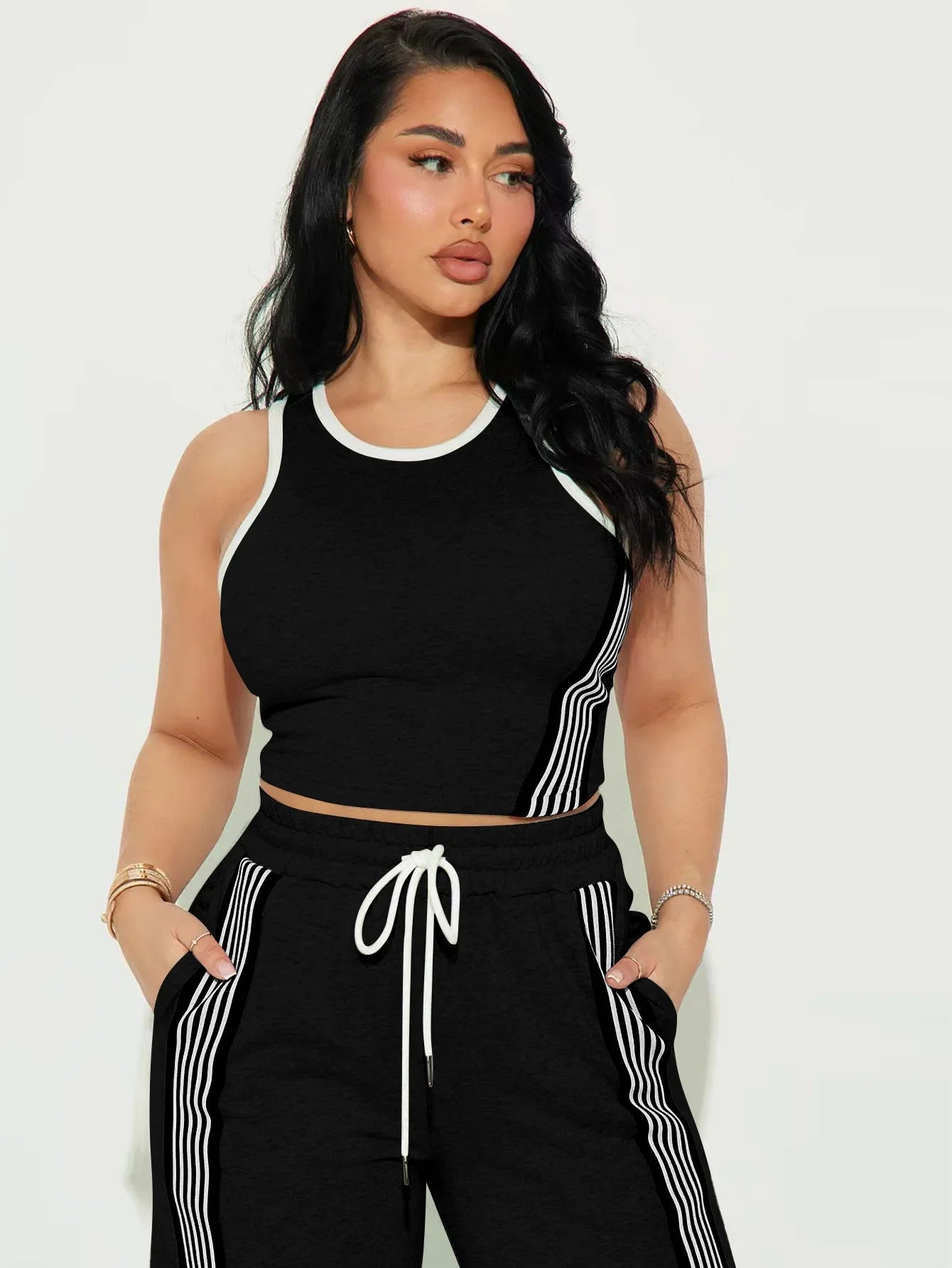 Two Piece Sets Women Sports Suit Vest Top Wide Leg Pants Striped Elastic Waist Matching Sets Trousers Sportswear 2025 Tracksuit Aviola
