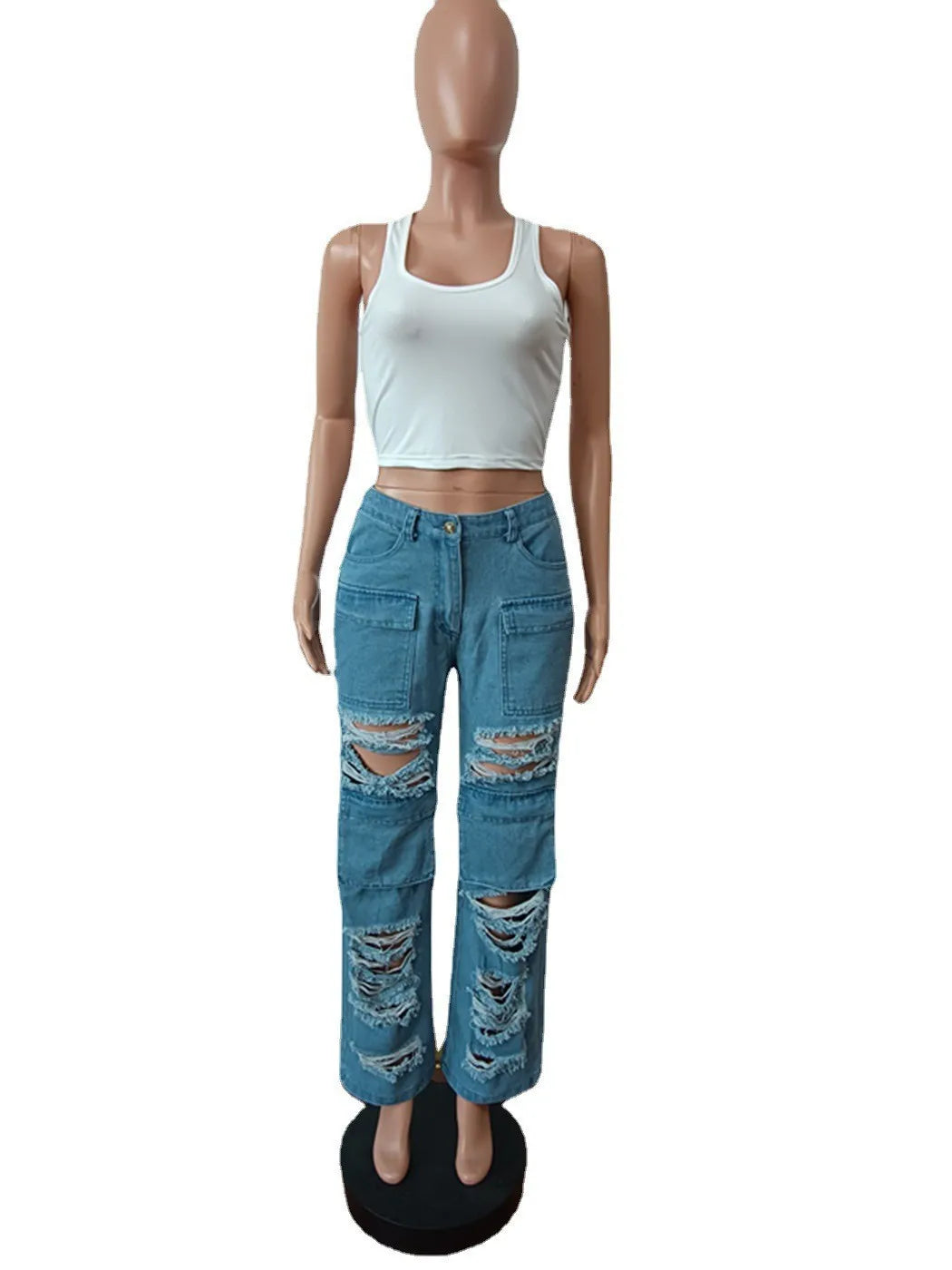 Women Jeans Denim Patchwork Straight Pants Holes Distressed Pockets Washing High Street Low Waist Zipper Fly Flat Winter Aviola