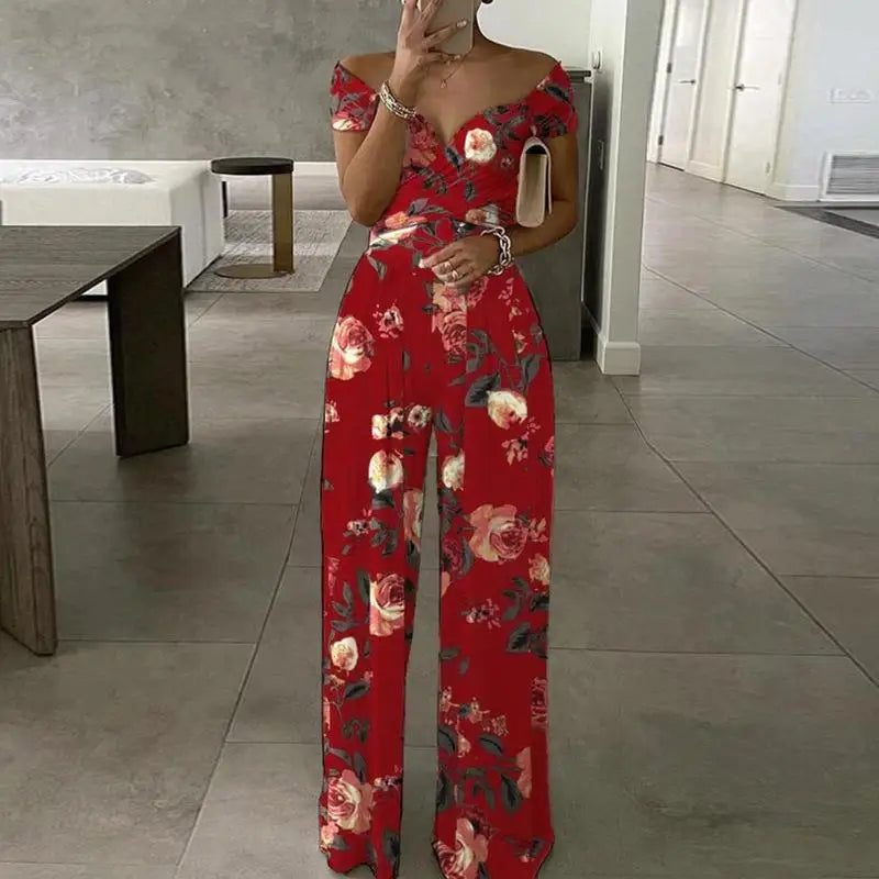 Floral Print Jumpsuit Women Summer Y2k Straight Party Overalls Y2k Club Romper Elegant Off Shoulder Sleeveless Party Jumpsuits Aviola