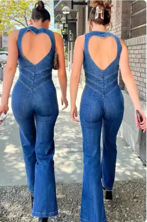 One Piece Denim Jumpsuit Summer New Slim Thin Backless High Waist Overalls Jeans Sleeveless Zipper V Neck Rompers Long Pants Aviola