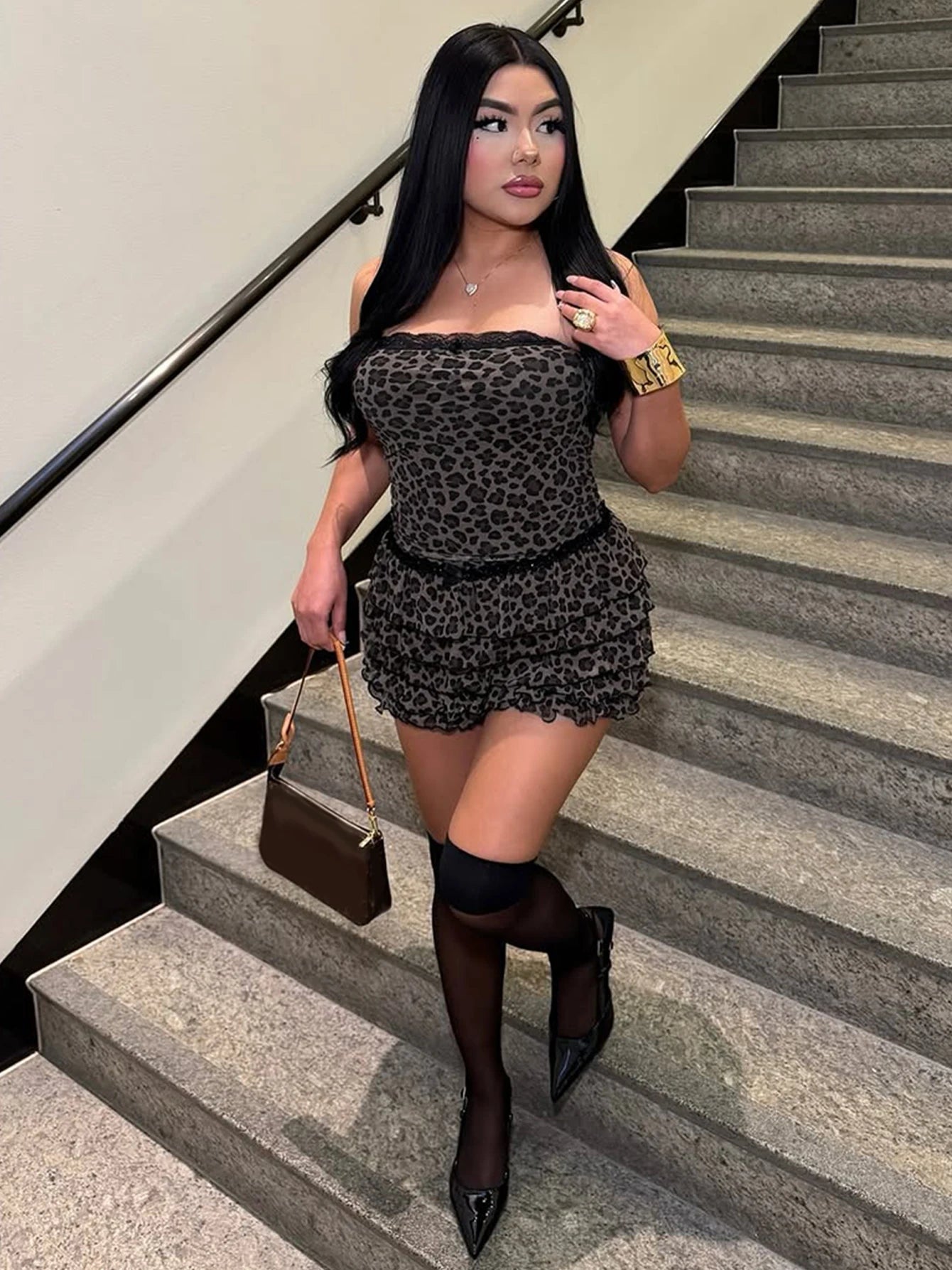Nibber Sexy Leopard Print 2 Piece Set Women Mesh Patchwork Strapless Tops+Ruched Tierred Shorts  Hottie Street Hipster Suits Aviola
