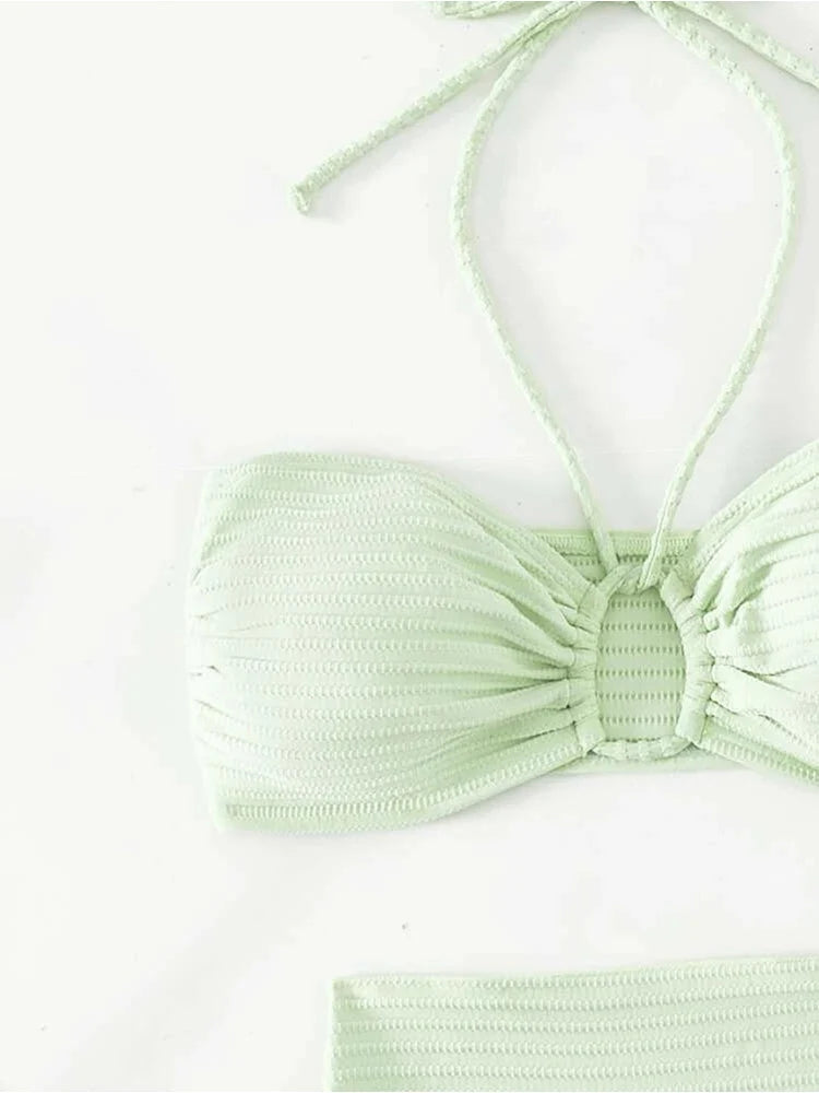 2025 New Three-Piece Bikini Set Sexy Women Dress Solid Halter Swimsuit Hollow Backless Swimwear Tight Push Up Beach Bathing Suit Aviola