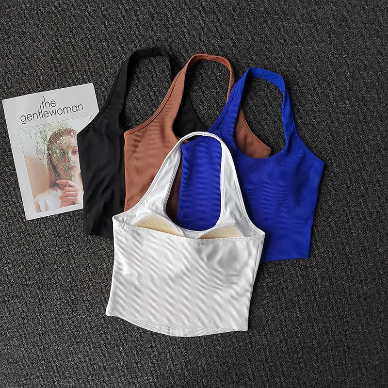 2023 Summer Sexy Sports Bra Rib Sport Top Underwear Women's Running Gathered Bra Hanging Neck Fitness Vest Fixed Padded Yoga Bra Aviola