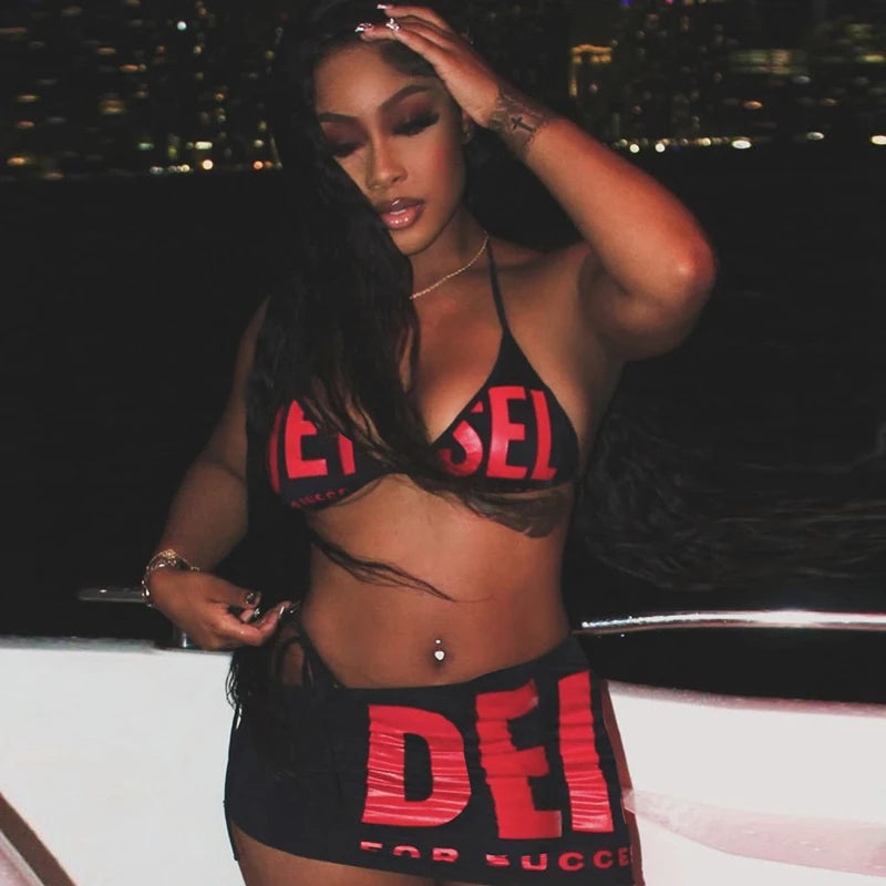 Nibber Letter Print Woman 3 Piece Set Bandage Bra+Mini Bottoms+Mini Skirt Beach Party Fashion Sexy Style Hottie Matching Suit Aviola