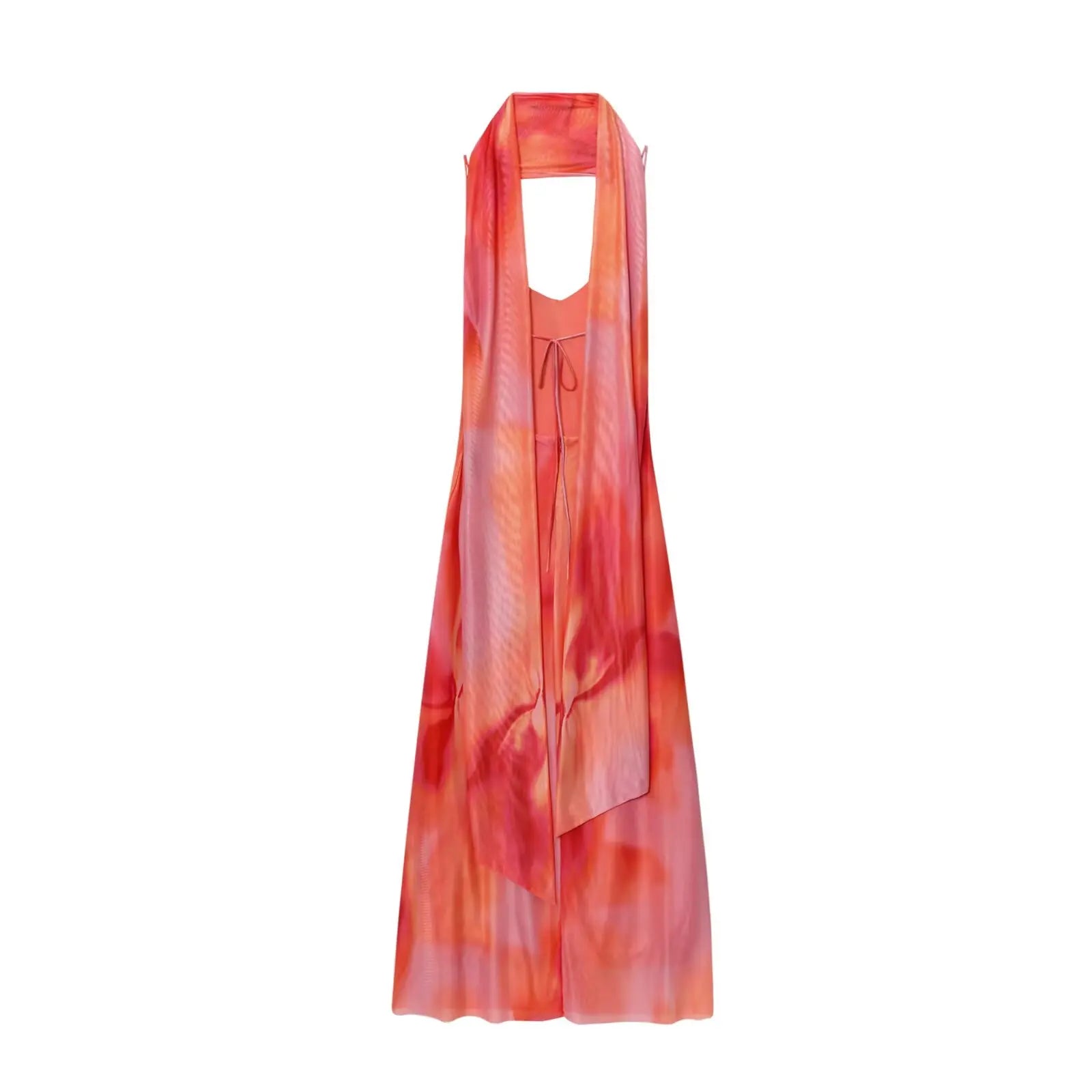 UNIZERA Scarf Printed Backless Long Dress 2025 Summer New Arrivals Women's Wear Elegant Satin Textured Dress Aviola