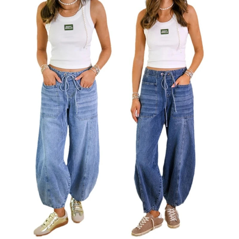 Jeans Denim Pant Women Long Pants Lace Up High Elastic Waist Mom Jeans Straight Trousers Y2k Splice Elegant Streetwear Spring Aviola