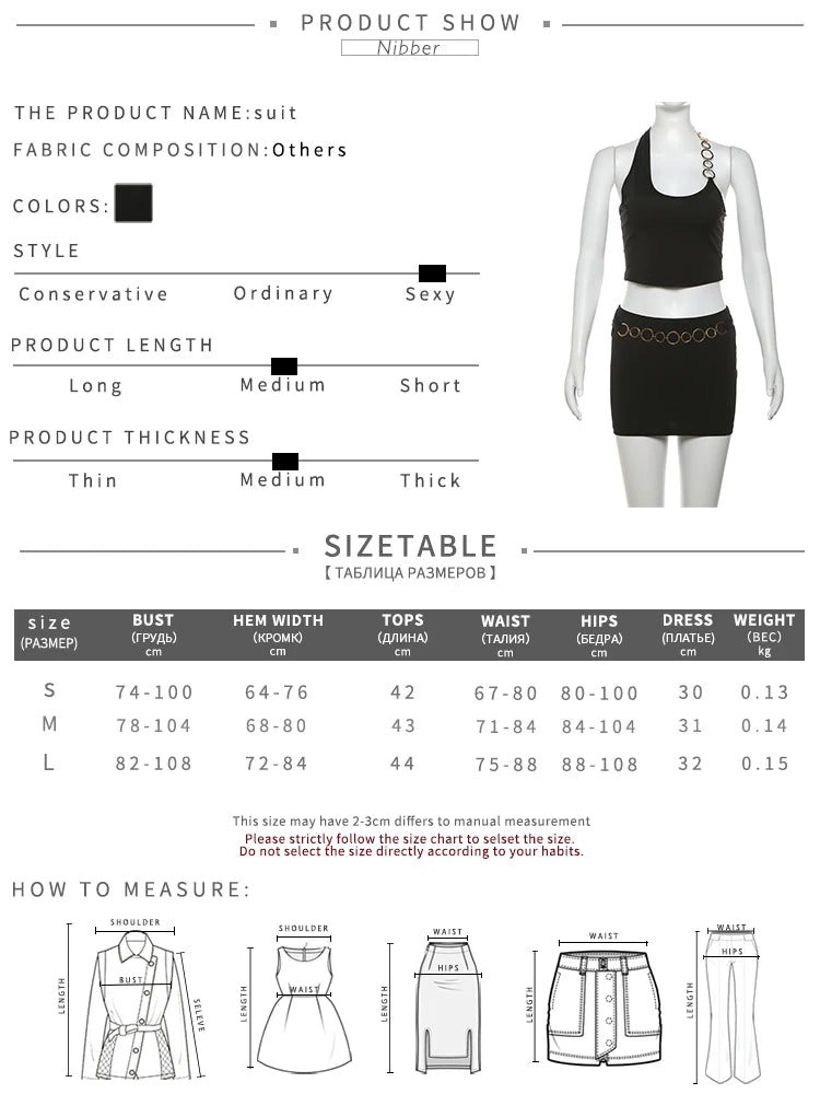 Nibber Metal Buckle 2 Piece Set Women Summer Halter Irregular Classic Tops+Skirts Skinny Solid Midnight Party Matching Suits Aviola
