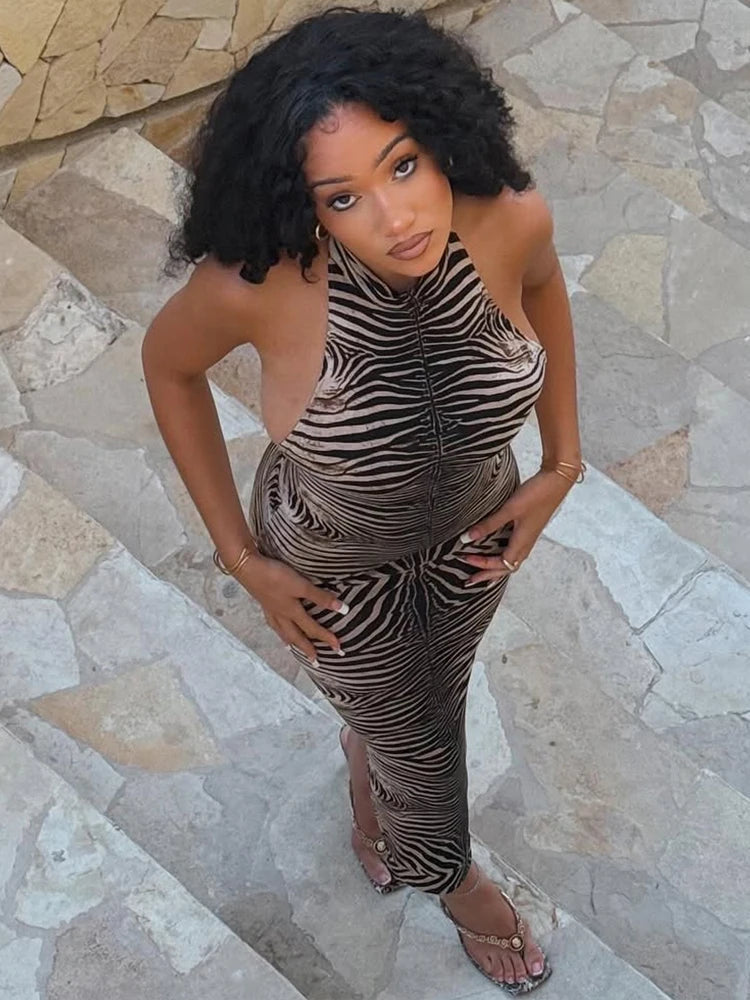Nibber Split Tiger Stripes Maxi Dress Women Y2K Tight Stretch Summer Backless Sleeveless Sexy Midnight Clubwear Party Vestidos Aviola