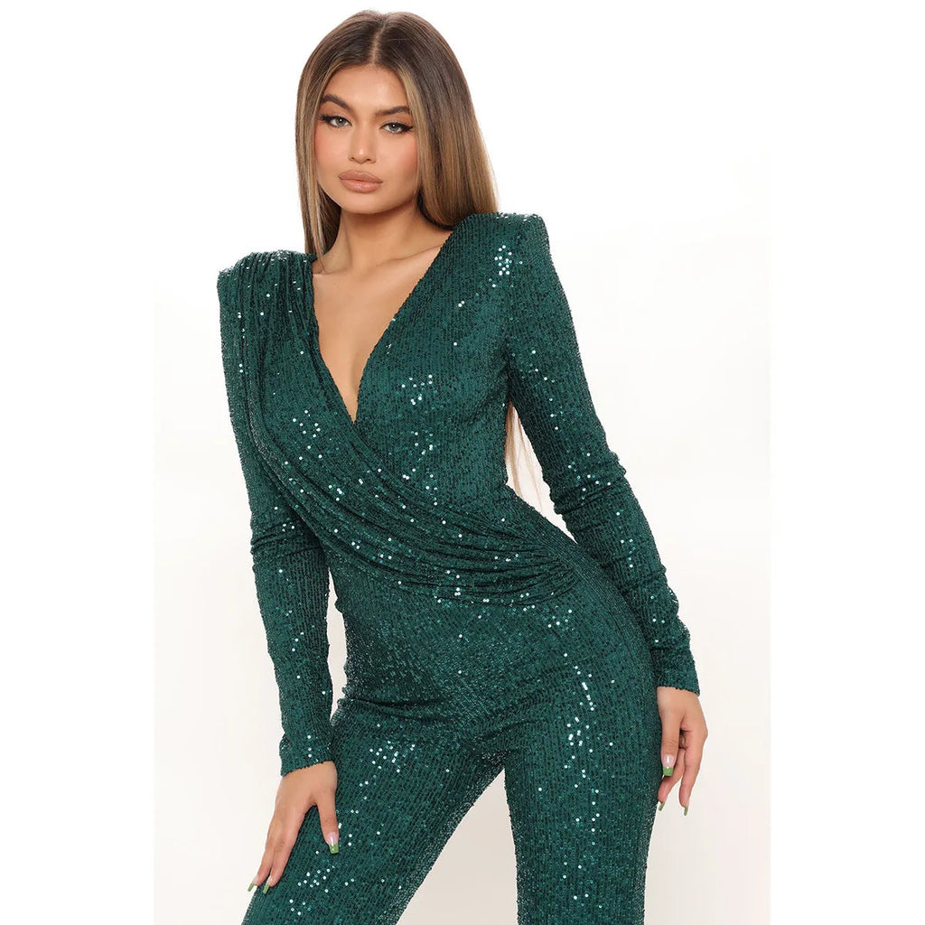 Women Jumpsuits V Neck Rompers Overalls One Piece Formal High Waist Pullover Sexy Sequins Solid Full Length Spring 2024 Aviola