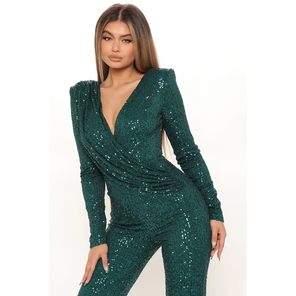 Women Jumpsuits V Neck Rompers Overalls One Piece Formal High Waist Pullover Sexy Sequins Solid Full Length Spring 2024 Aviola