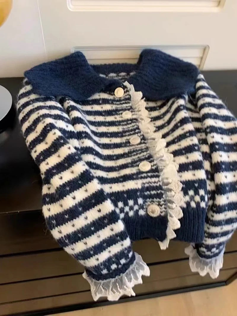 MEXZT Vintage Striped Knitted Cardigan Women Harajuku Cropped Sweater Outerwears Korean Lace Patchwork Knitwears Winter Jumpers Aviola