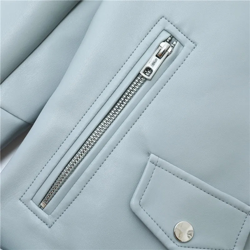 2025 New Spring Autumn Women Blue Faux Leather Jacket Ladies Solid With Belt Zipper Biker Coat Female Casual Outwear Veste Femme Aviola