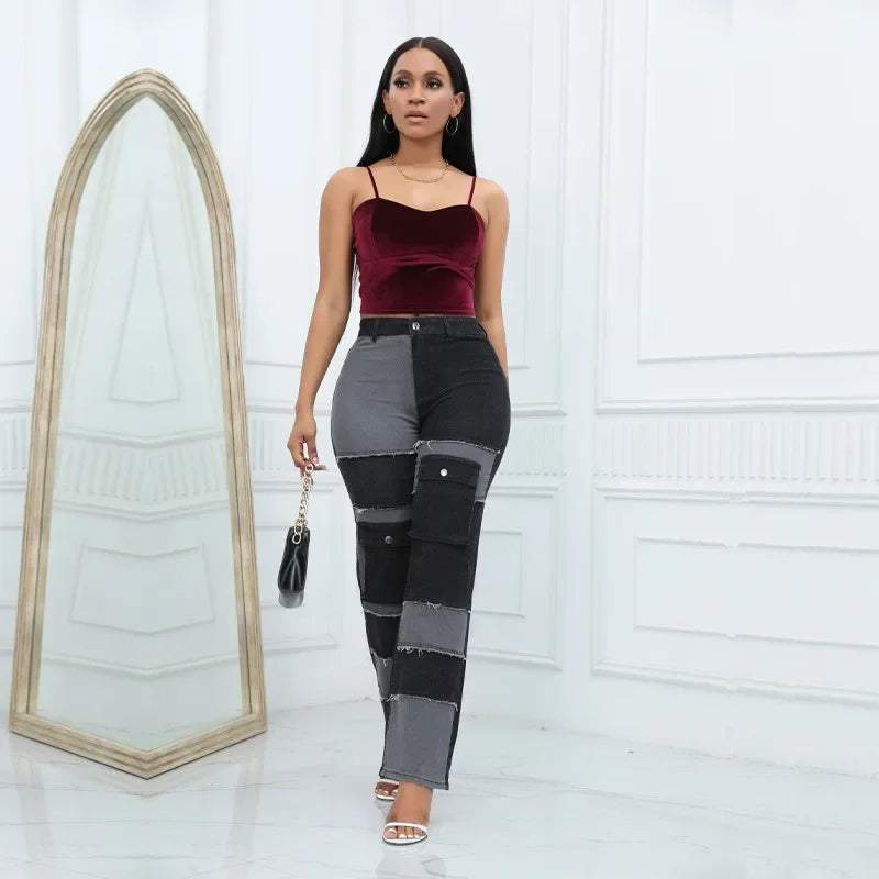 Women Straight Jeans Denim Wide Leg Pants Patchwork High Waist Pockets Button 2025 Autumn Vintage Trousers Strecth Denims Aviola