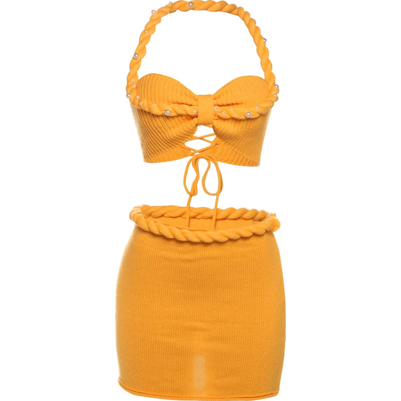 Nibber Summer Women 2 Piece Set Pearl Plait Halter Shirring Camisole+Zip Peach Hip Skirts Matching Crochet Vacation Clubwear Aviola