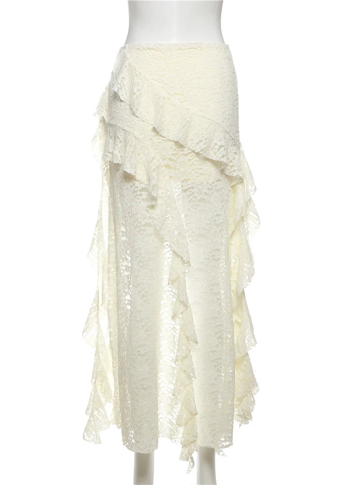Nibber Tassels Women Skirts Irregular Hem Multi-Layered Ruffles Lace Patchwork Sweet Summer Trend Daily Skinny Versatile Bottoms Aviola