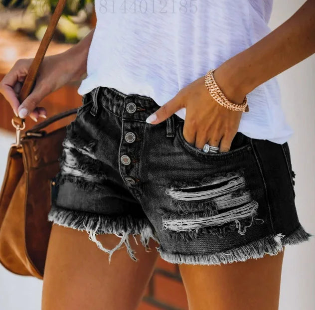 Ripped Vintage Denim Women Jeans Shorts Washed Tassel Button High Waist Holes Spliced Summer Pockets Distressed 2025 Basics Aviola