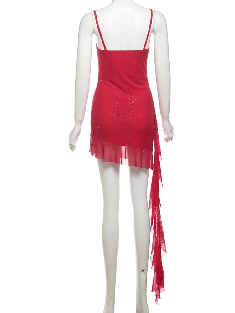 Nibber Sexy Tassel Double Deck Dress Women Sequins Solid Ruffles Spaghetti Strap Slim Sleeveless Lace Beach Vacation Bodycon Aviola