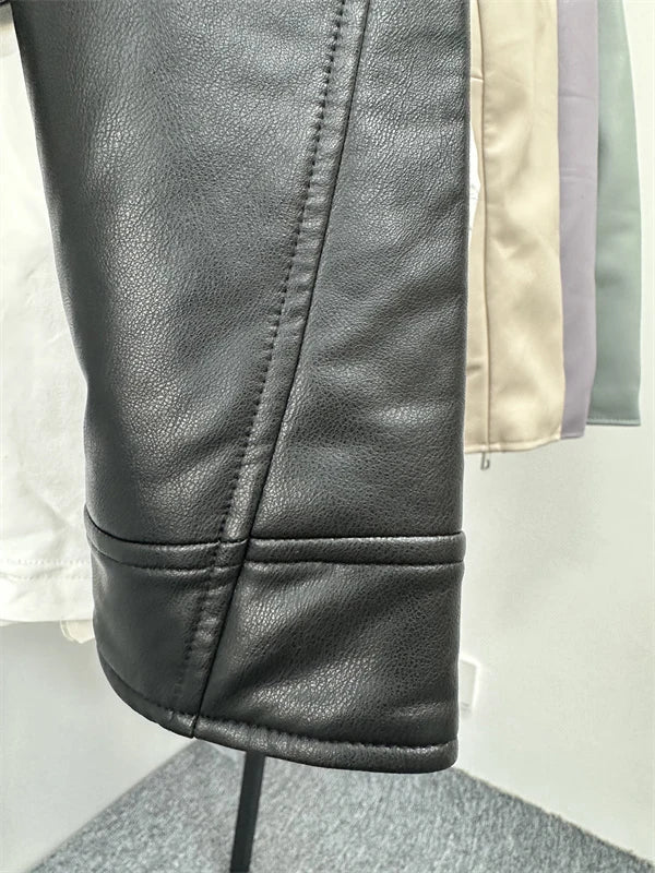 Chaqueta de cuero lavado con cinturón para mujer, abrigo corto con cremallera degradada y cuello vuelto Vintage, chaqueta elegan Aviola